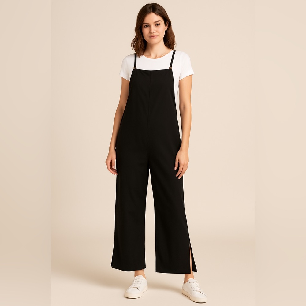 Black Wide-Leg Cotton Jumper Overalls - Size Large